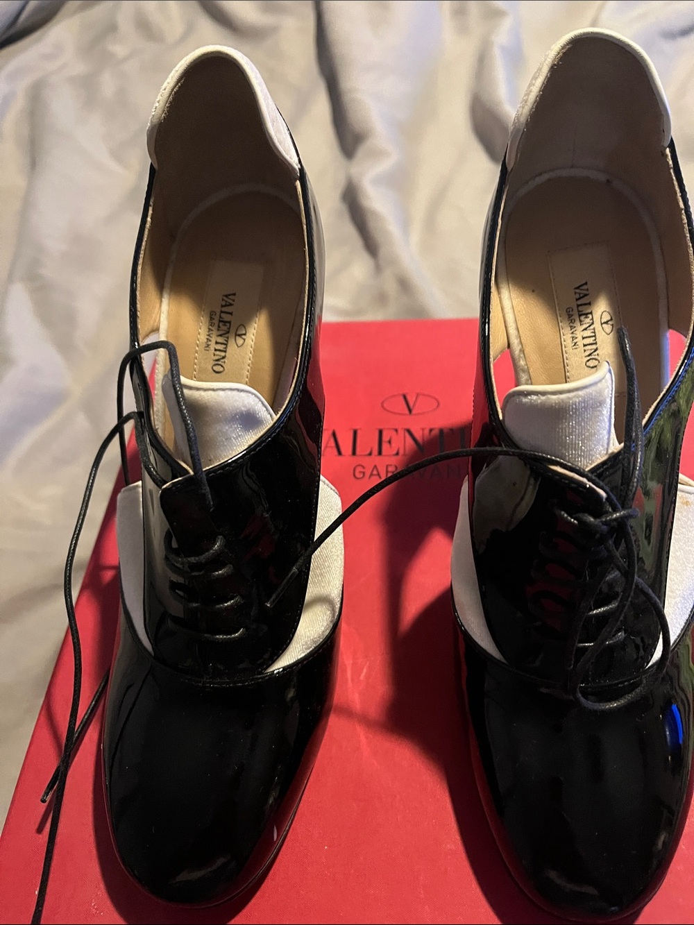 Valentino Garavani Black and White Patent Lace-Up Boots